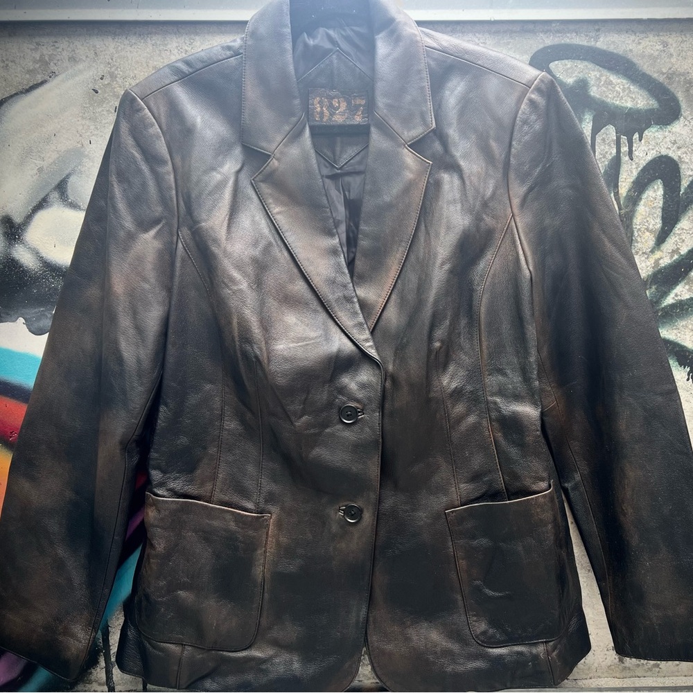 Distressed Leather Jacket Blazer XL
